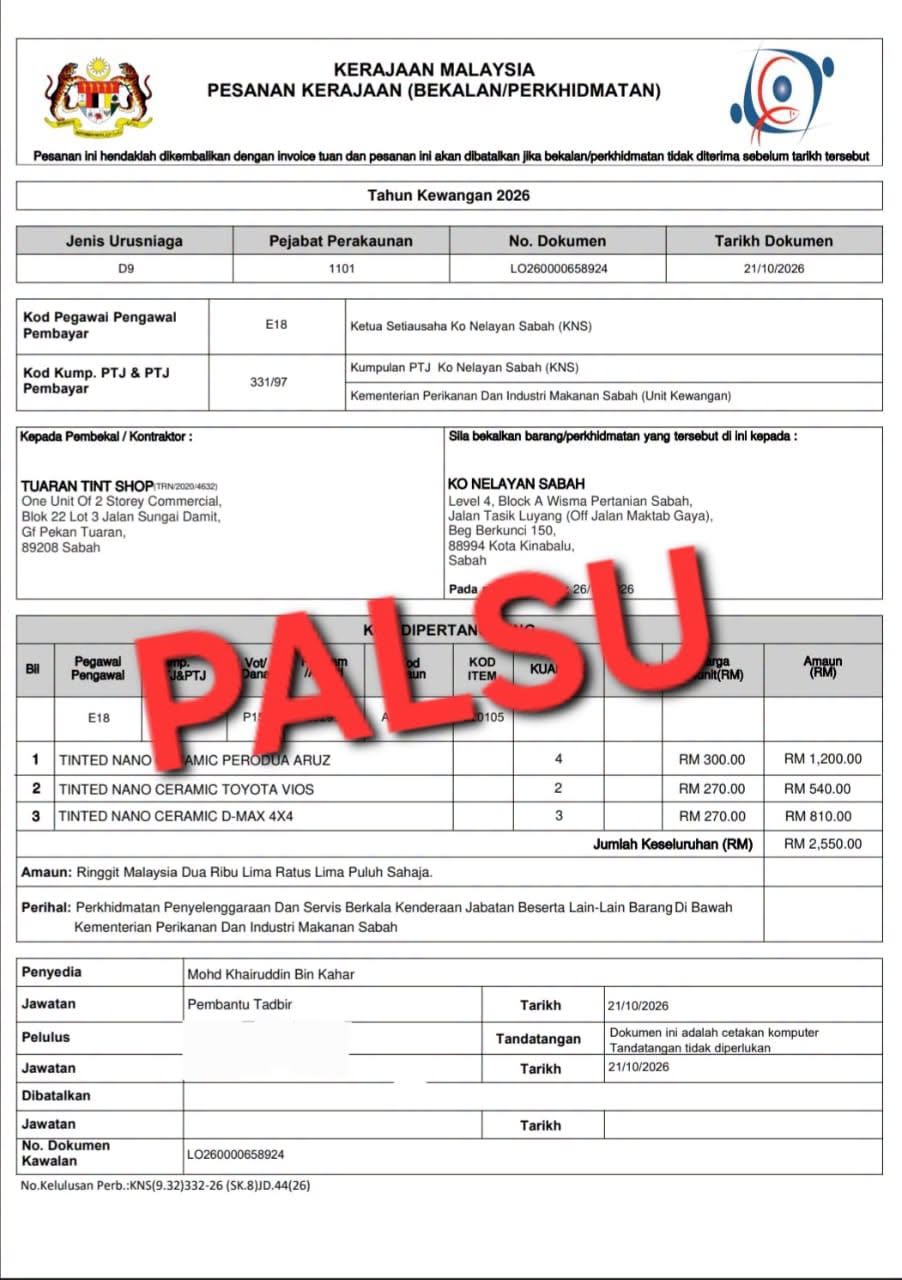 Amaran Penipuan/Scammer: Dokumen Kerajaan Palsu dan Penyalahgunaan Nama Pegawai Ko-Nelayan